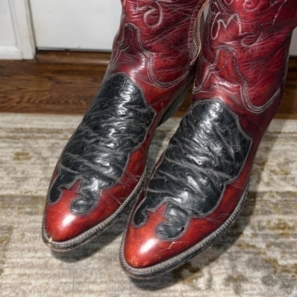Lucchese 2318 Ostrich Exotic Black Cherry Red Leather Inlay Western Cowboy Boots